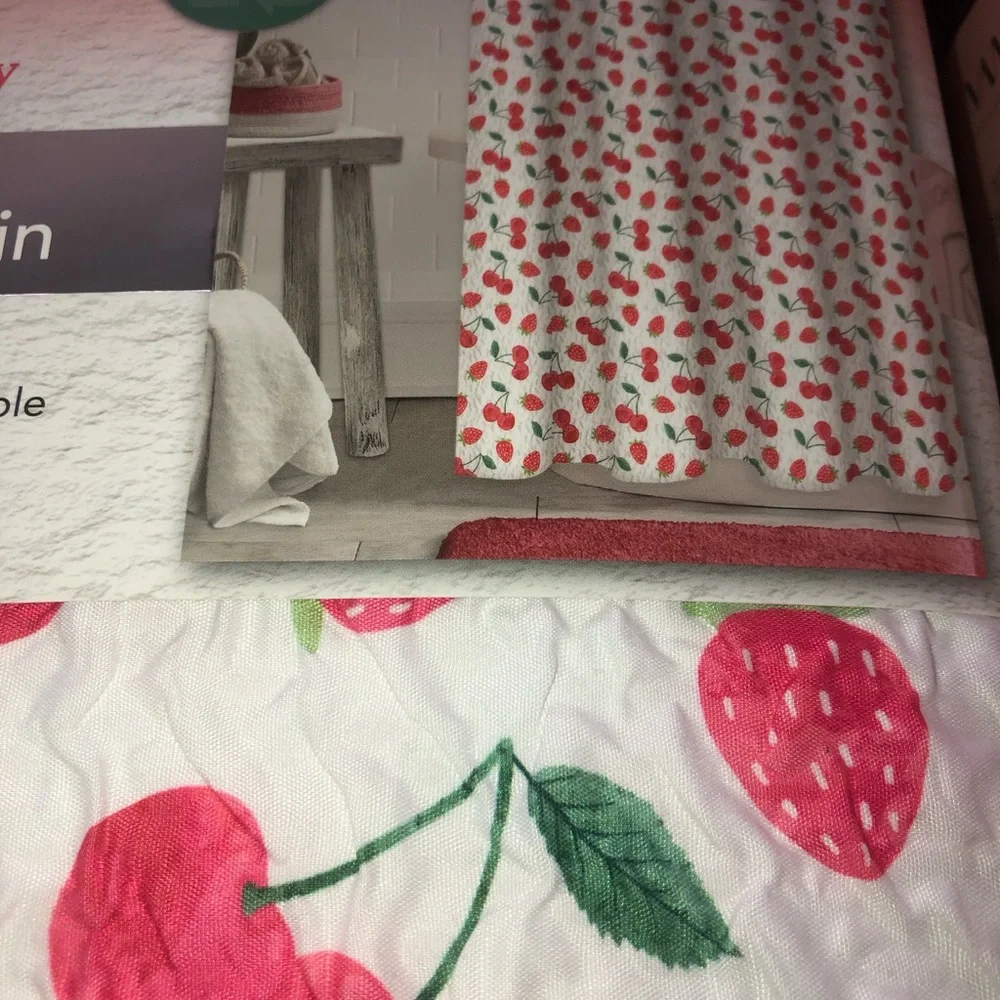 🍓🍒 Cherry & Strawberry  Textural Shower Curtain w/ cherry hooks
